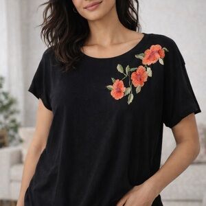 W5 Black Embroidered Floral Tee | Soft Drapey Top | Size L